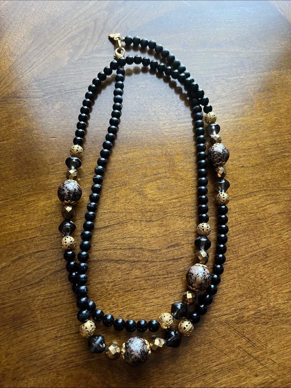 Elegant Black and Gold Beaded Double-Strand Necklace